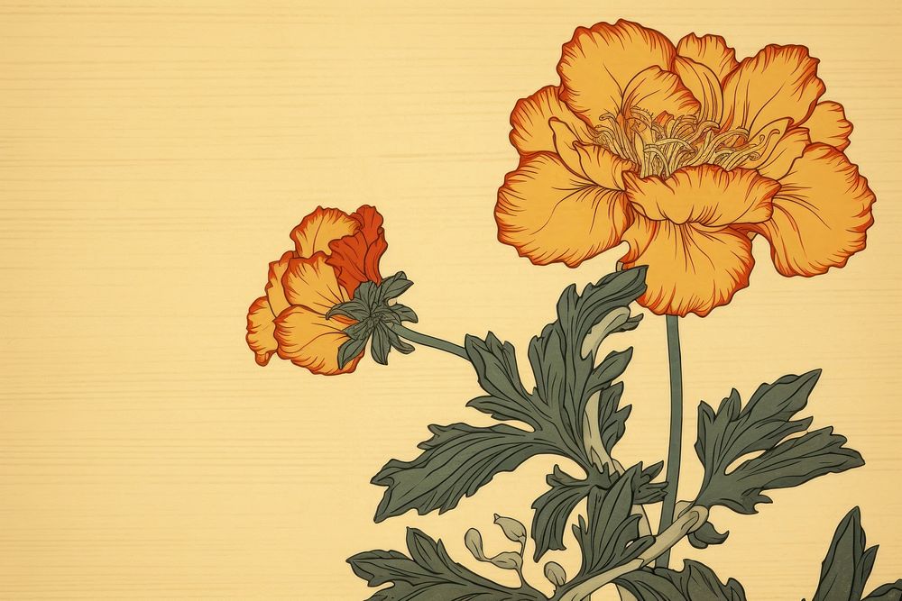 Ukiyo-e art print style yellow flower pattern sketch plant.