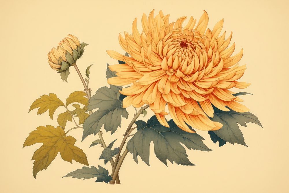 Ukiyo-e art print style yellow flower sunflower dahlia plant.