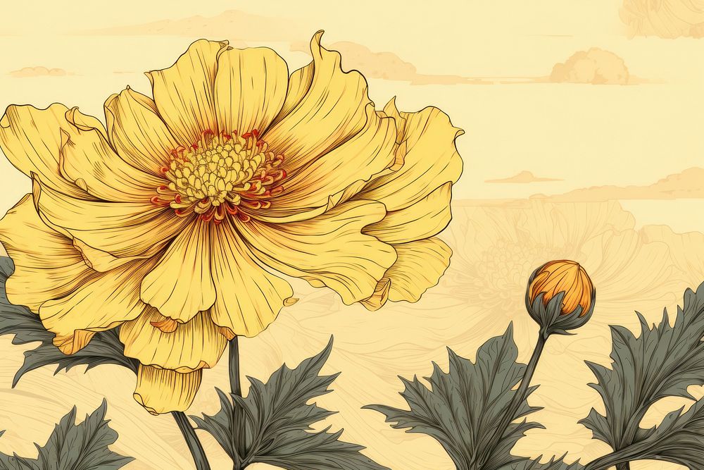 Ukiyo-e art print style yellow flower backgrounds pattern drawing.