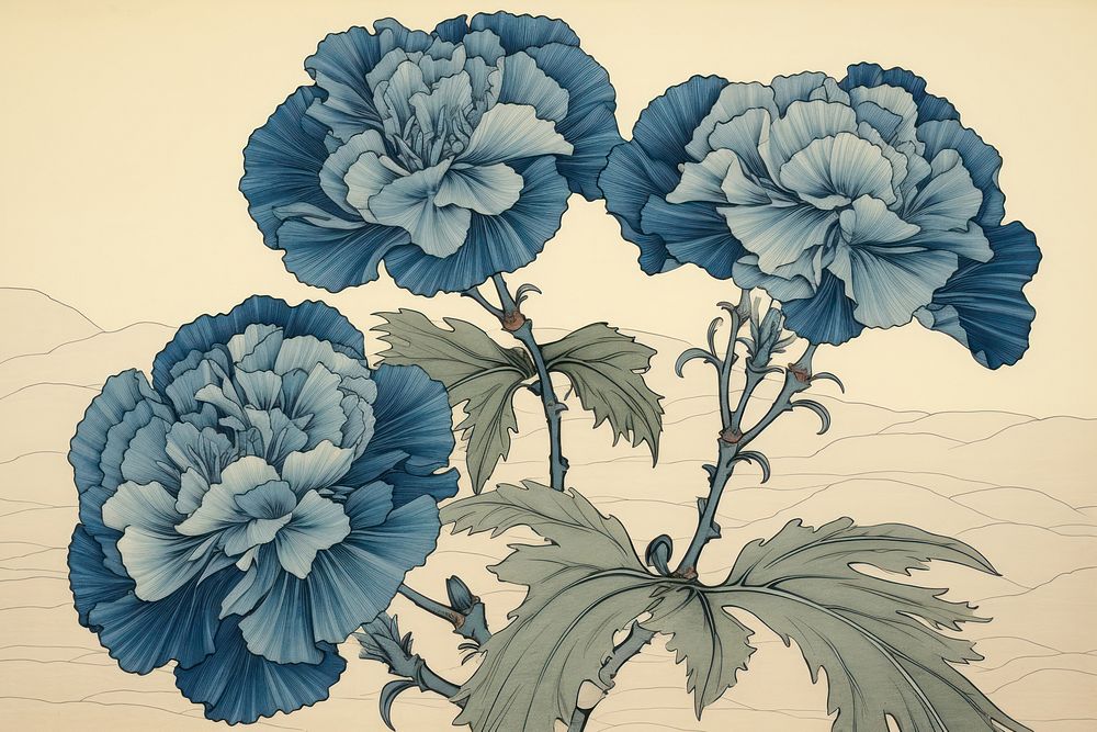 Ukiyo-e art print style blue carnation pattern drawing flower.