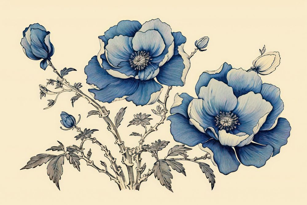 Ukiyo-e art print style blue flower pattern drawing sketch.