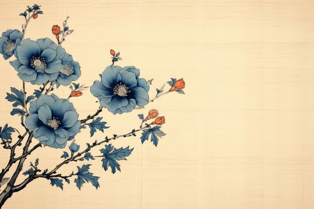 Ukiyo-e art print style blue flower backgrounds pattern plant.