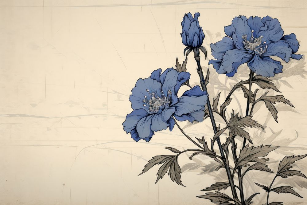 Ukiyo-e art print style blue flower drawing sketch plant.