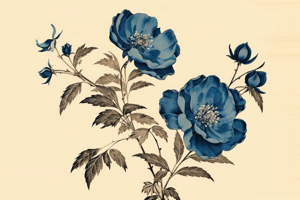 Ukiyo-e art print style blue flower pattern plant rose.
