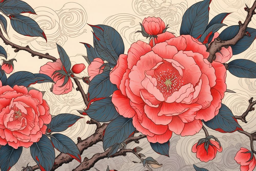 Ukiyo-e art print style camellia backgrounds pattern flower.