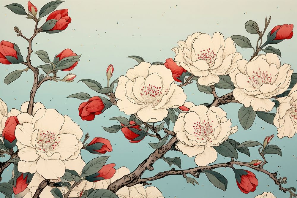 Ukiyo-e art print style camellia blossom pattern flower.