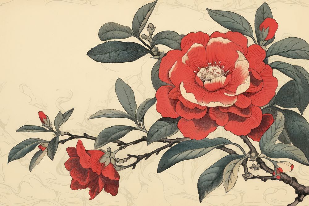 Ukiyo-e art print style camellia painting pattern flower.