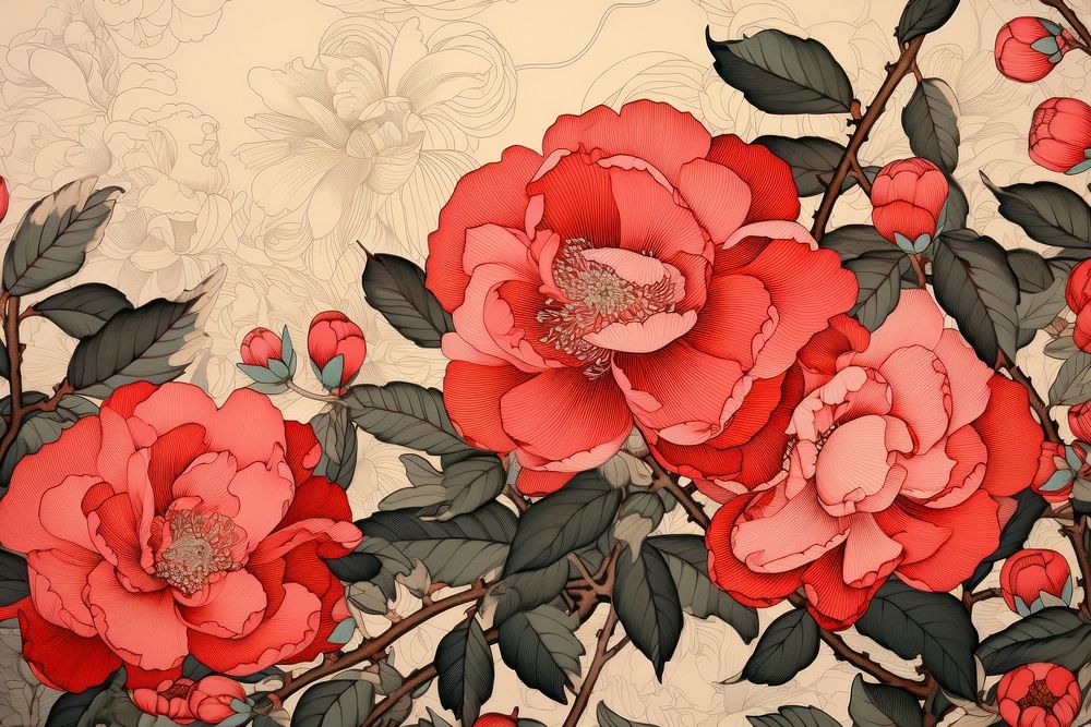 Ukiyo-e art print style camellia backgrounds painting pattern.