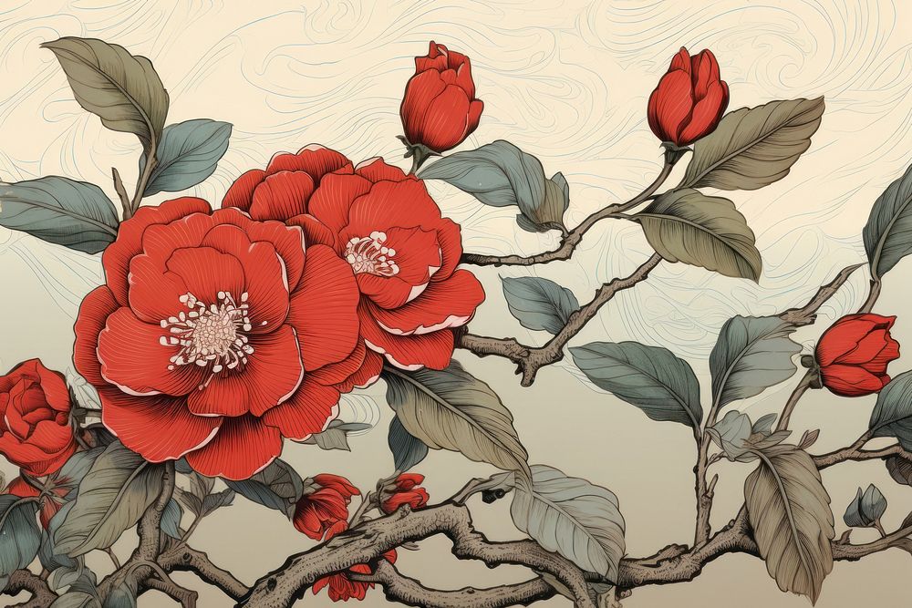 Ukiyo-e art print style camellia pattern flower plant.