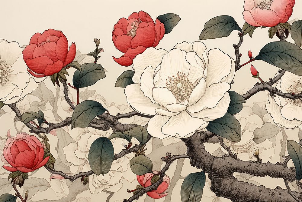 Ukiyo-e art print style camellia blossom pattern drawing.