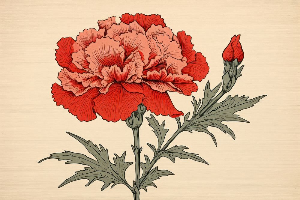 Ukiyo-e art print style carnation flower plant red.