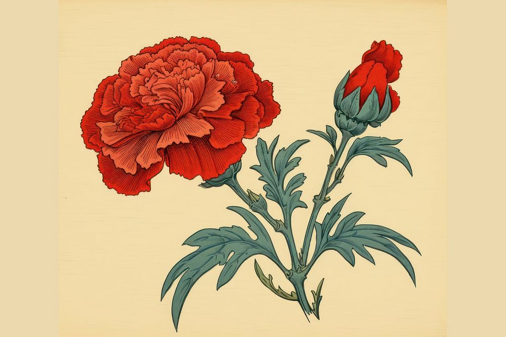 Ukiyo-e art print style carnation flower plant rose.