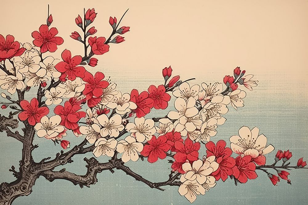 Ukiyo-e art print style cherry blossom flower pattern plant.