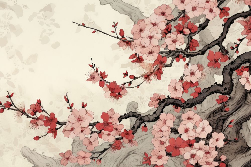 Ukiyo-e art print style cherry blossom flower backgrounds plant.