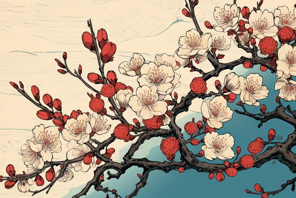 Ukiyo-e art print style cherry blossom flower pattern plant.