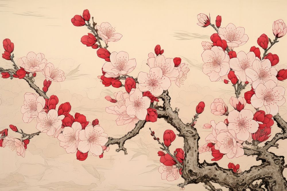Ukiyo-e art print style cherry blossom flower plant petal.