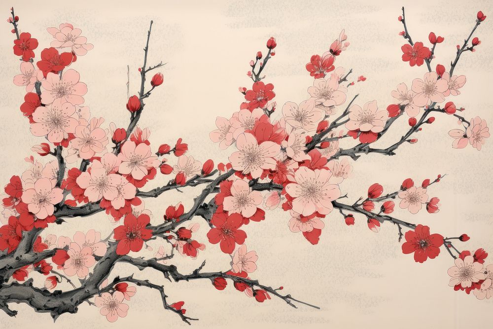 Ukiyo-e art print style cherry blossom flower plant red.