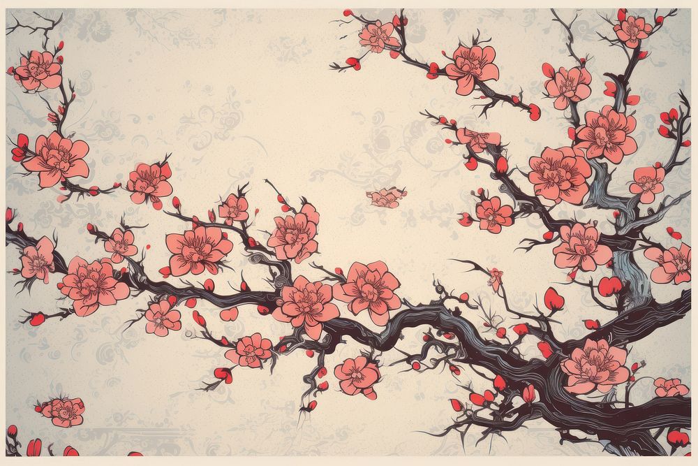 Ukiyo-e art print style cherry blossom flower painting pattern.