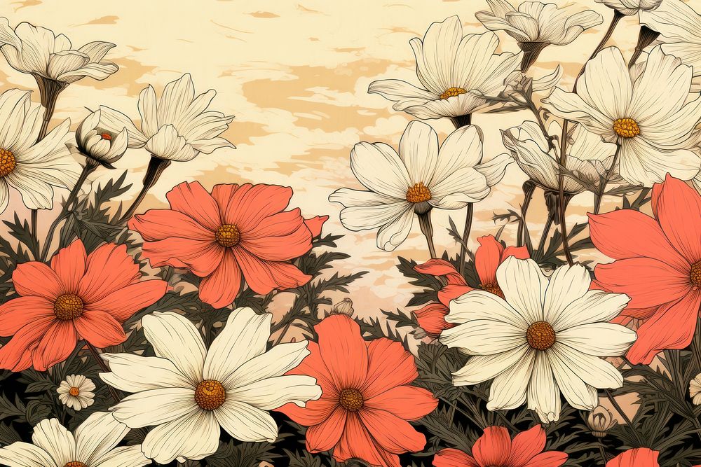 Ukiyo-e art print style Daisy backgrounds pattern flower.