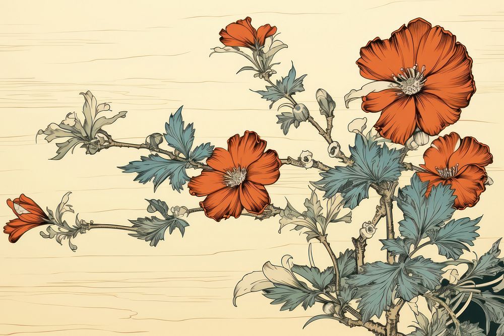 Ukiyo-e art print style flower pattern drawing sketch.