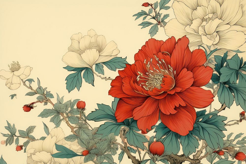 Ukiyo-e art print style flower backgrounds pattern dahlia.