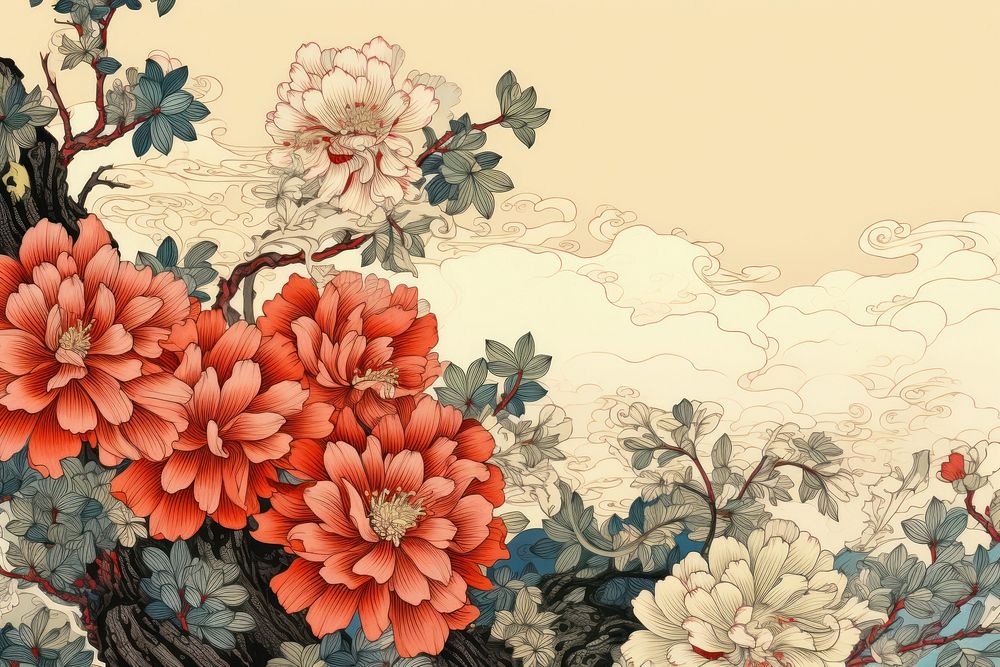 Ukiyo-e art print style flower backgrounds pattern plant.