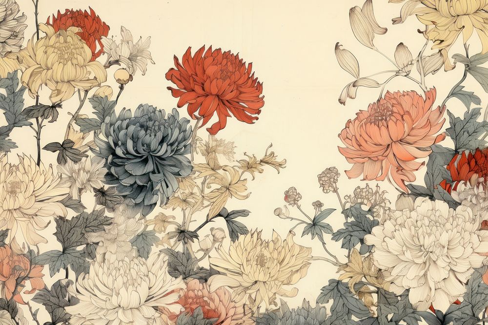 Ukiyo-e art print style flower garden backgrounds painting pattern.