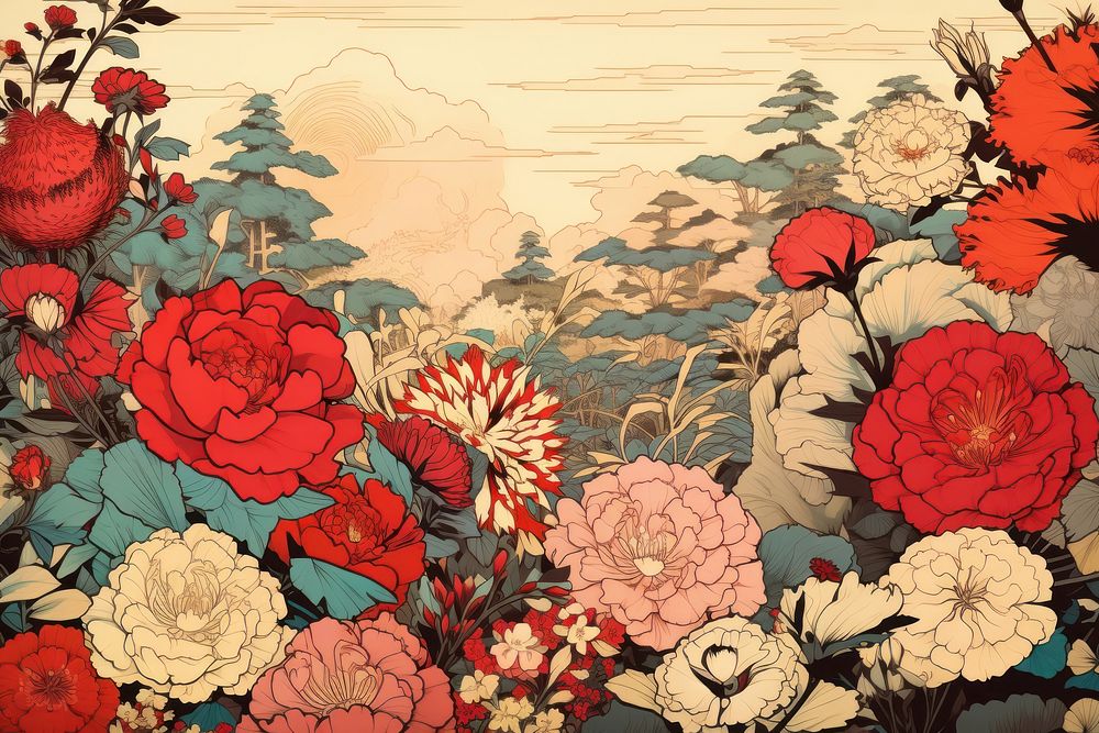 Ukiyo-e art print style flower garden backgrounds painting tapestry.
