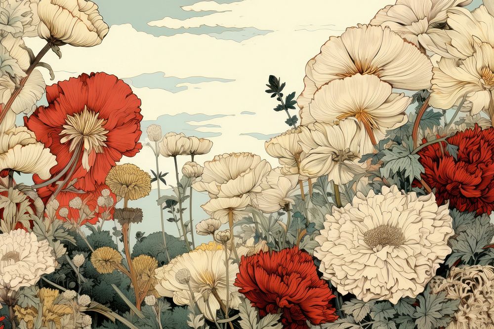 Ukiyo-e art print style flower garden backgrounds pattern plant.