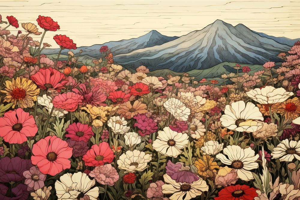 Ukiyo-e art print style flower field outdoors painting tapestry.