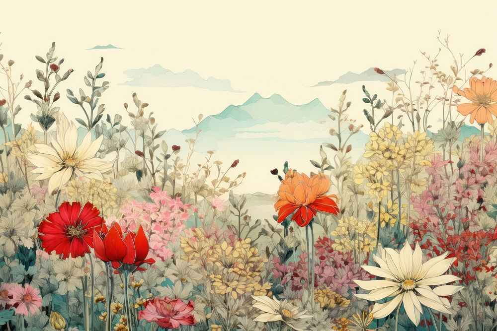 Ukiyo-e art print style flower field backgrounds outdoors painting.