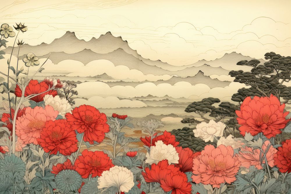 Ukiyo-e art print style flower field painting pattern plant.