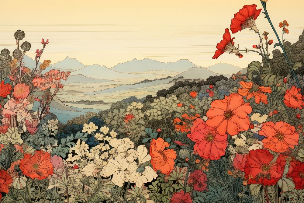 Ukiyo-e art print style flower field landscape outdoors nature.