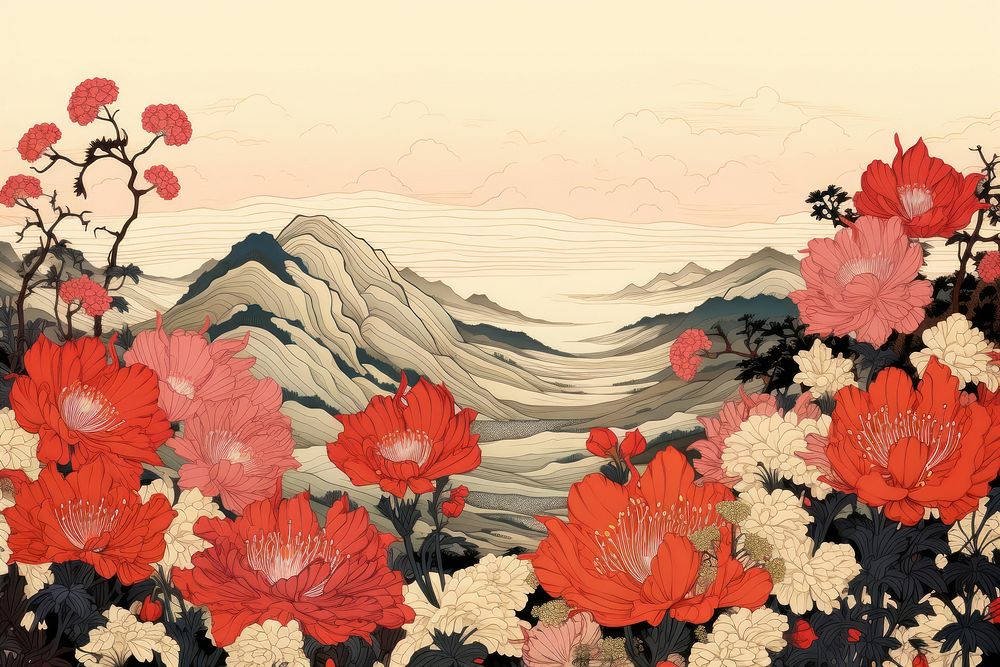 Ukiyo-e art print style flower field painting pattern plant.