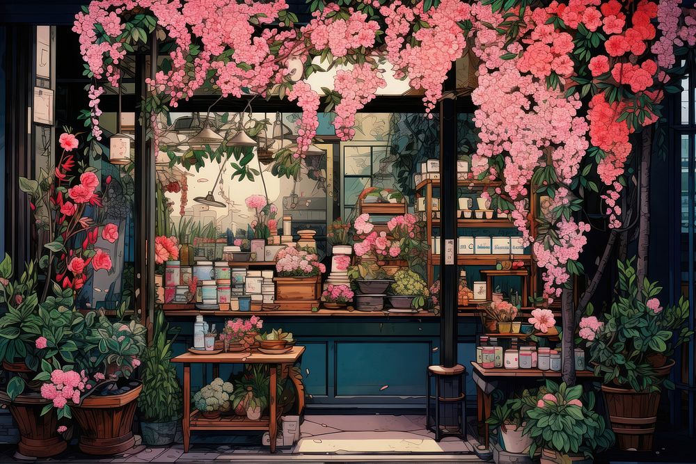 Ukiyo-e art print style flower shop nature table plant.
