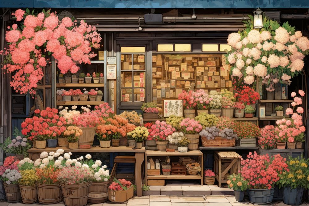 Ukiyo-e art print style flower shop plant architecture arrangement.