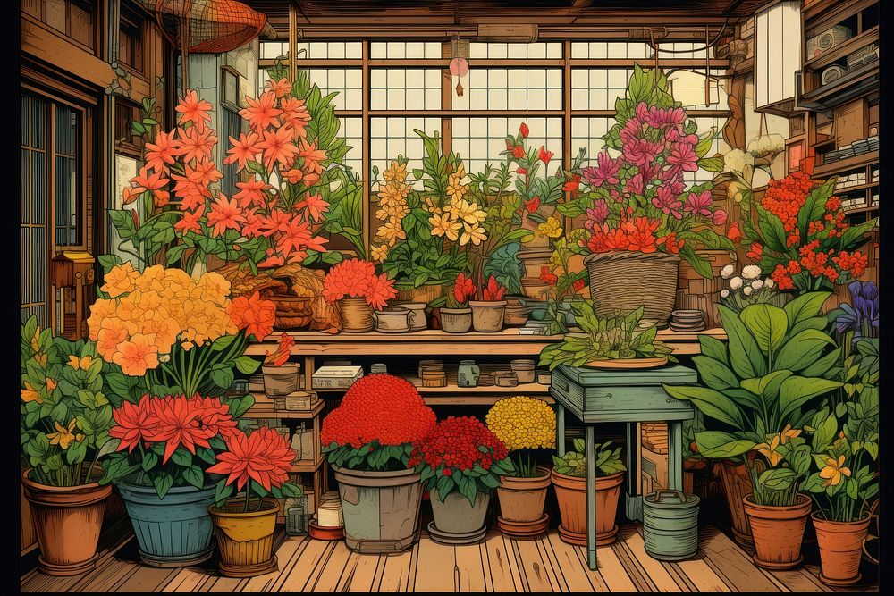 Ukiyo-e art print style flower shop nature plant wood.