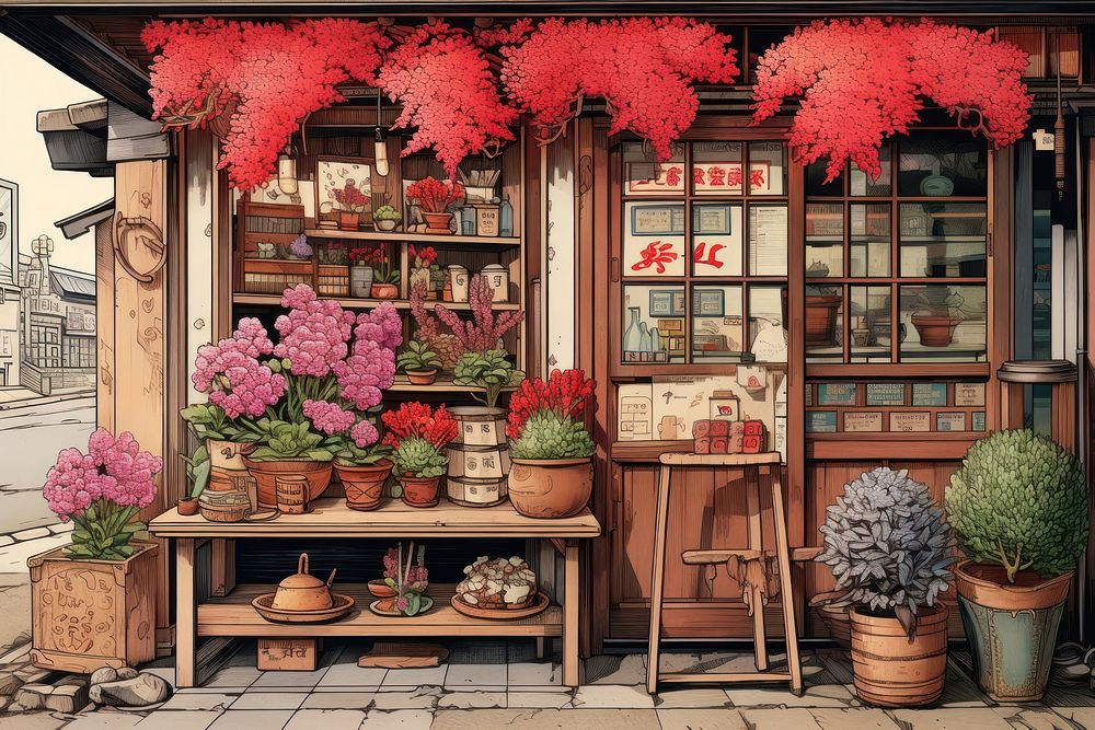 Ukiyo-e art print style flower shop plant wood red.