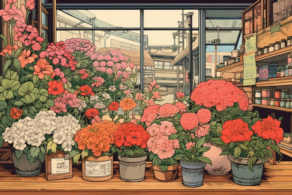 Ukiyo-e art print style flower shop outdoors nature plant.