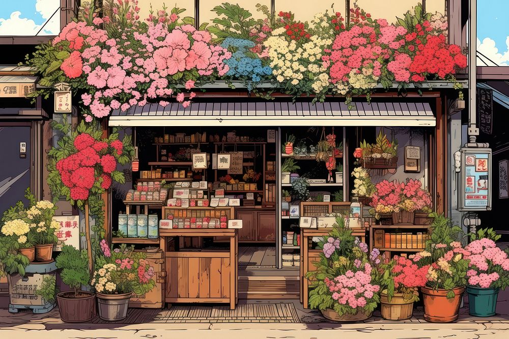 Ukiyo-e art print style flower shop plant city architecture.