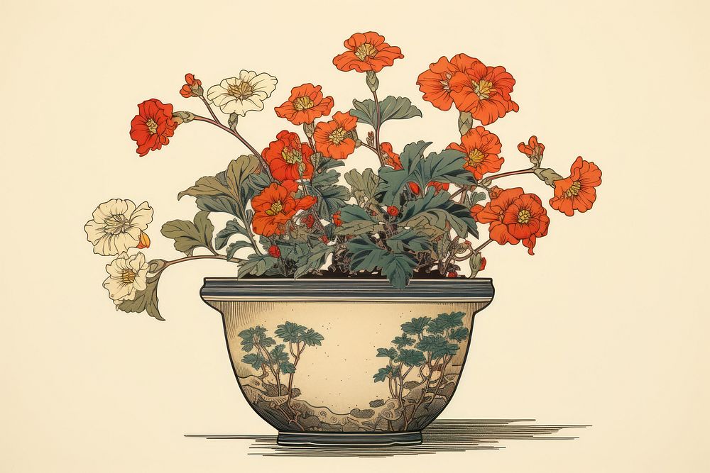 Ukiyo-e art print style flower pot plant houseplant flowerpot.
