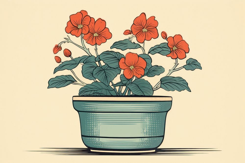 Ukiyo-e art print style flower pot plant leaf red.