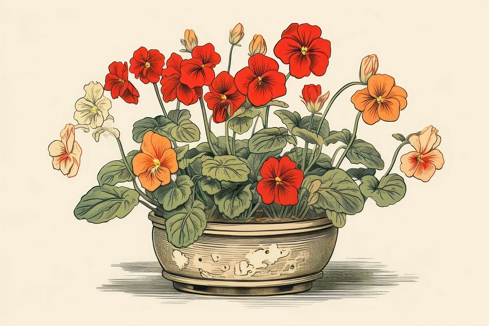Ukiyo-e art print style flower pot plant red freshness.