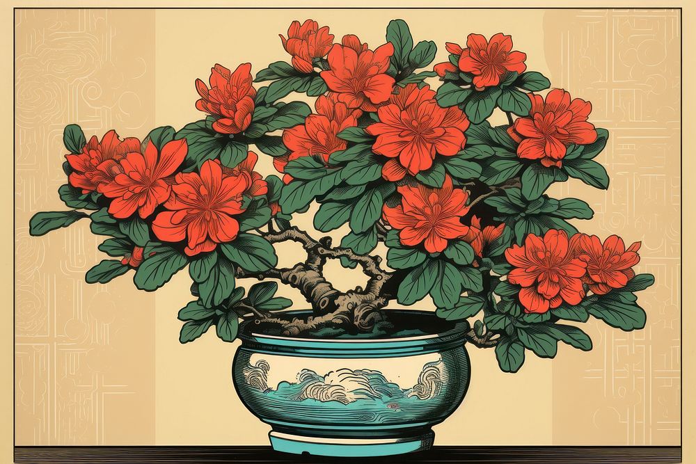 Ukiyo-e art print style flower pot bonsai plant red.