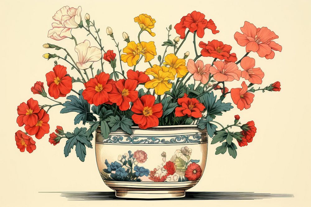 Ukiyo-e art print style flower pot painting plant vase.