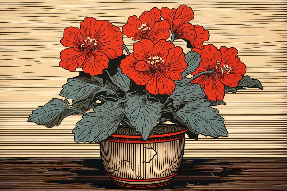 Ukiyo-e art print style flower pot plant wood red.