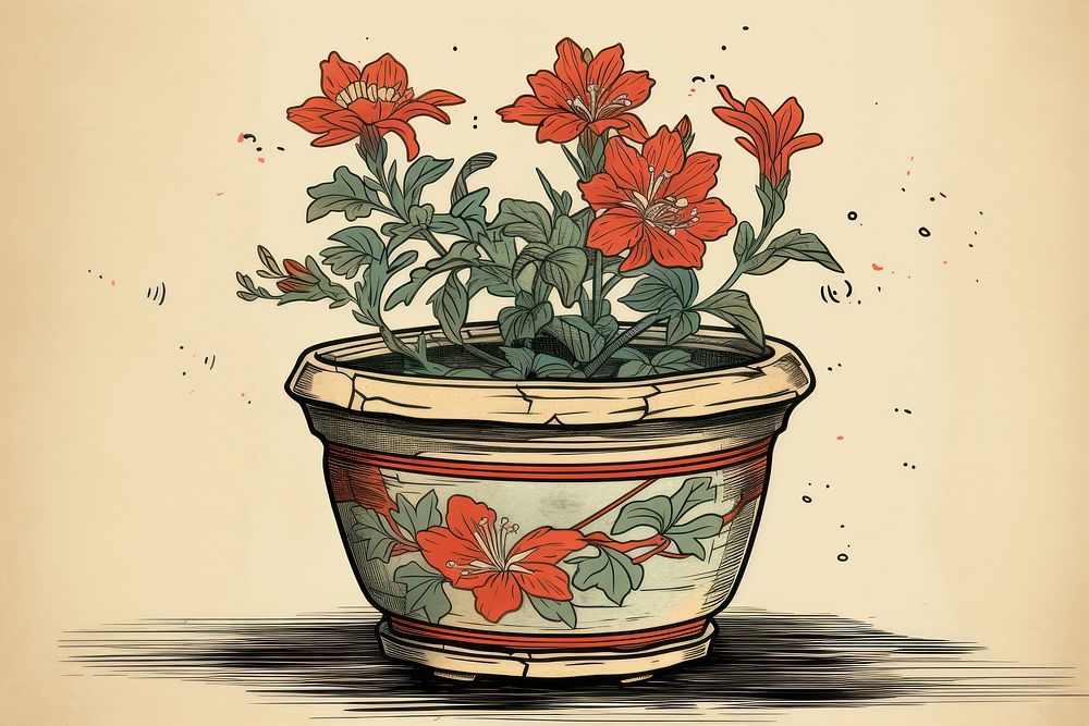 Ukiyo-e art print style flower pot plant leaf red.