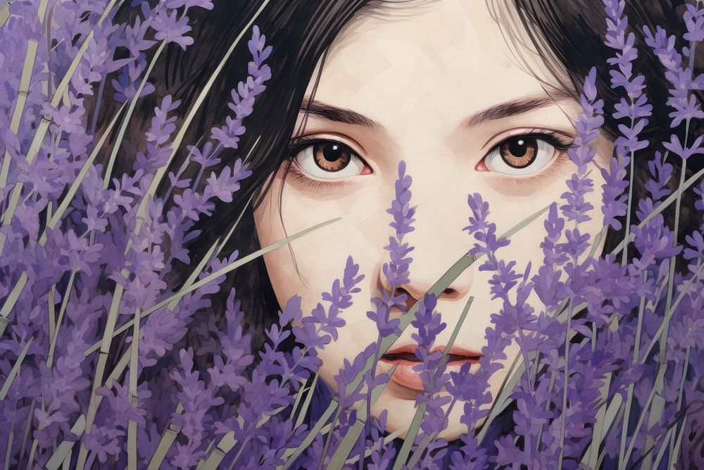 Ukiyo-e art print style lavender portrait flower purple.