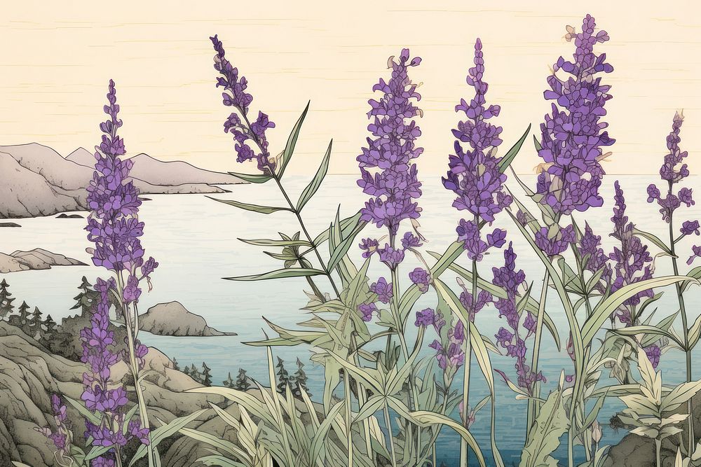 Ukiyo-e art print style lavender flower purple plant.