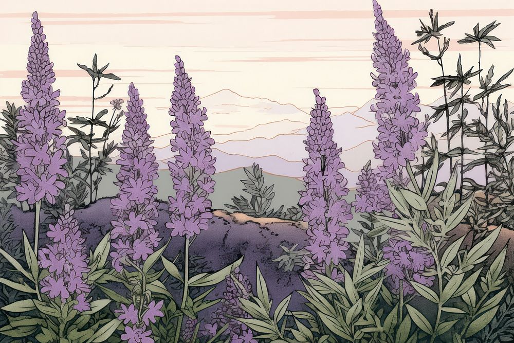Ukiyo-e art print style lavender outdoors nature flower.
